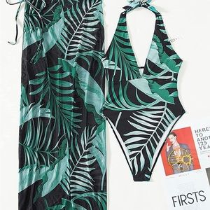 Floral halter bathing suit with long skirt wrap sarong